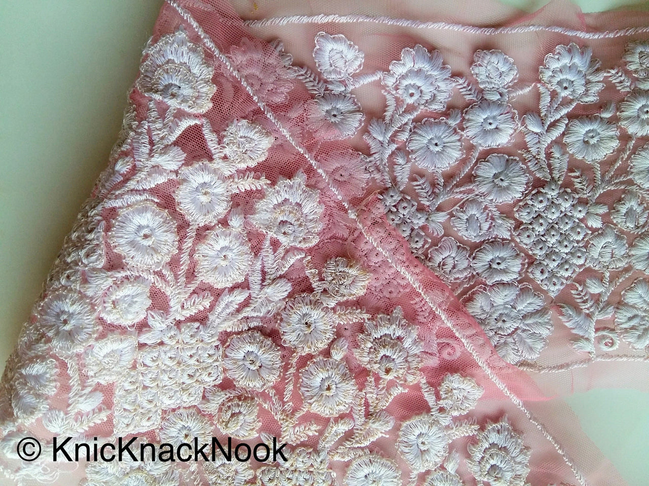 Pink Net Lace Trim With Embroidered White Flowers, Approx. 15cm Wide - 200317L174