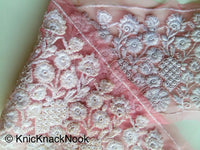 Thumbnail for Pink Net Lace Trim With Embroidered White Flowers, Approx. 15cm Wide - 200317L174