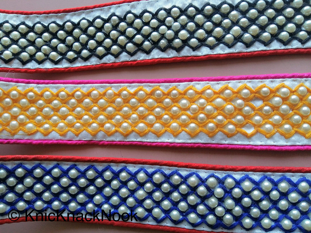 Red / Pink And White Fabric Trim With Blue / Black/ Yellow Embroidery With Off White Pearls, Approx. 40mm Wide - 200317L166 / 67 / 68Trim