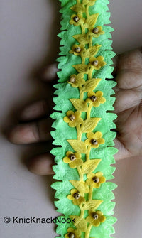Thumbnail for Green / Orange And Yellow Floral Velvet Trim Ribbon With Wood Beads, Approx. 45mm Wide - 200317L136 / 37Trim