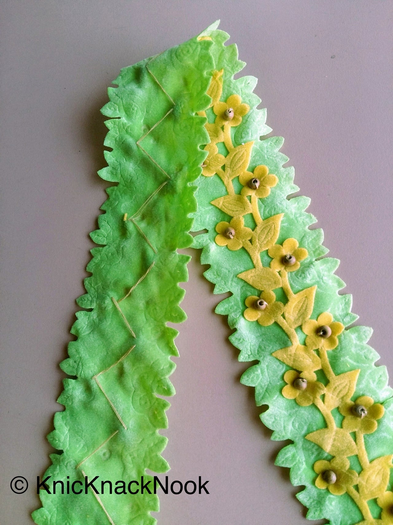 Green / Orange And Yellow Floral Velvet Trim Ribbon With Wood Beads, Approx. 45mm Wide - 200317L136 / 37Trim