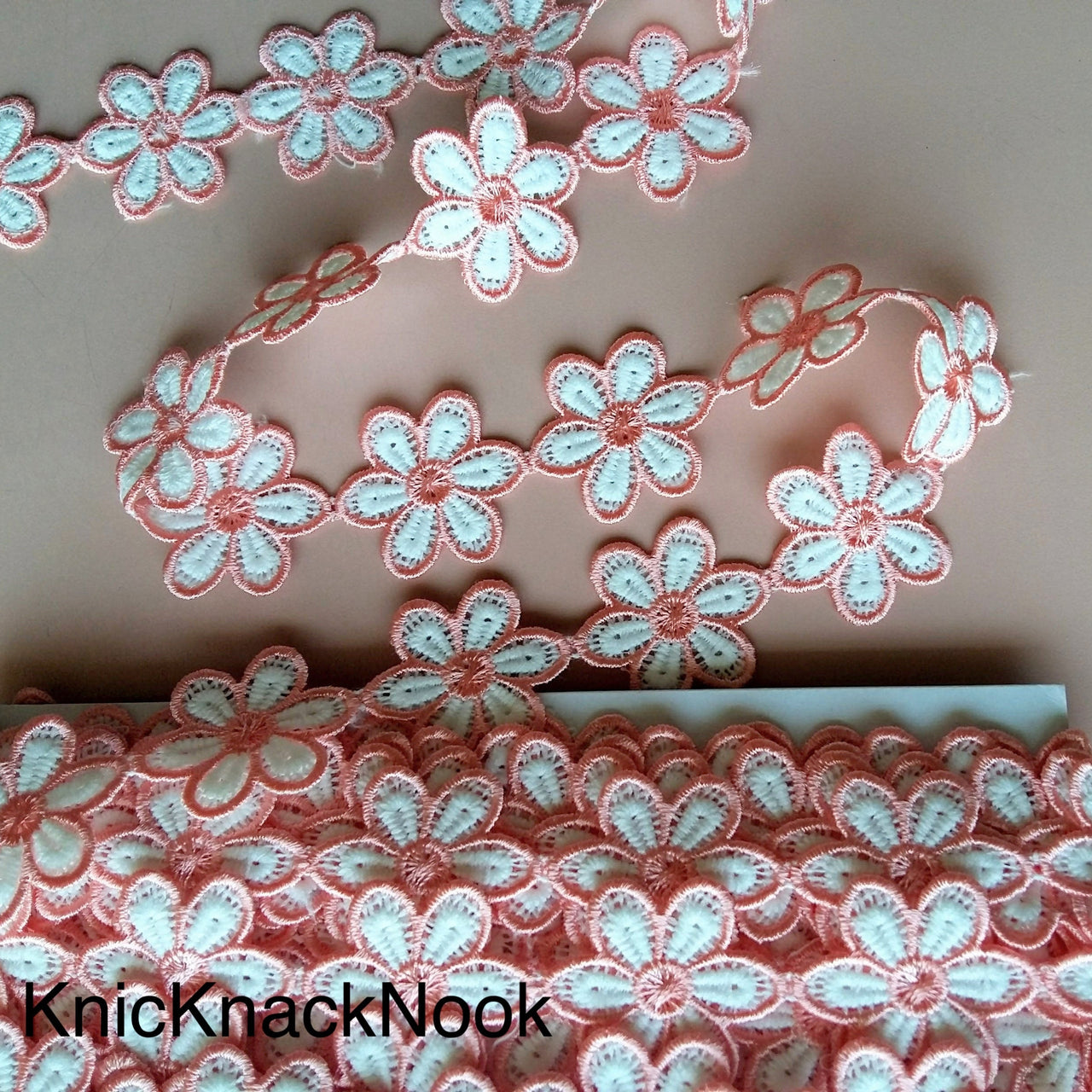 Coral And White Floral Embroidery Lace Trim. Approx. 36mm Wide - 200317L145