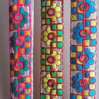 Thumbnail for Gold Mirrored Fabric Trim With Yellow, Green And Red Floral And Square Embroidery, Approx. 32mm Wide