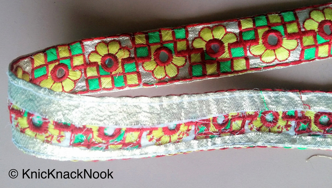 Gold Mirrored Fabric Trim With Yellow, Green And Red Floral And Square Embroidery, Approx. 32mm Wide