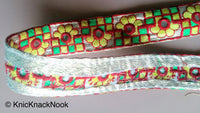 Thumbnail for Gold Mirrored Fabric Trim With Yellow, Green And Red Floral And Square Embroidery, Approx. 32mm Wide