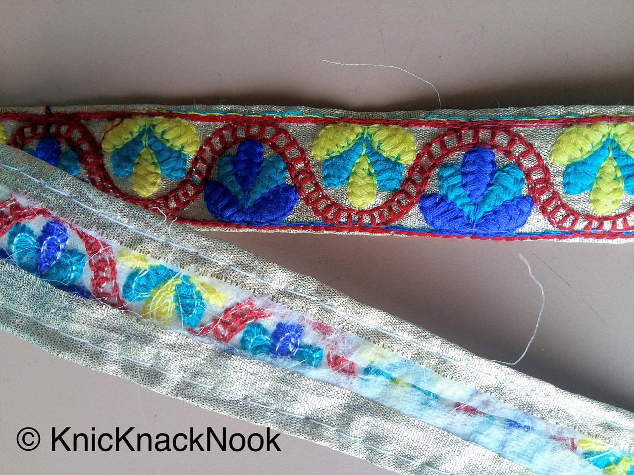 Gold Shimmer Fabric Trim With Blue, Yellow And Red Floral Embroidery, Approx. 30mm Wide - 200317L194