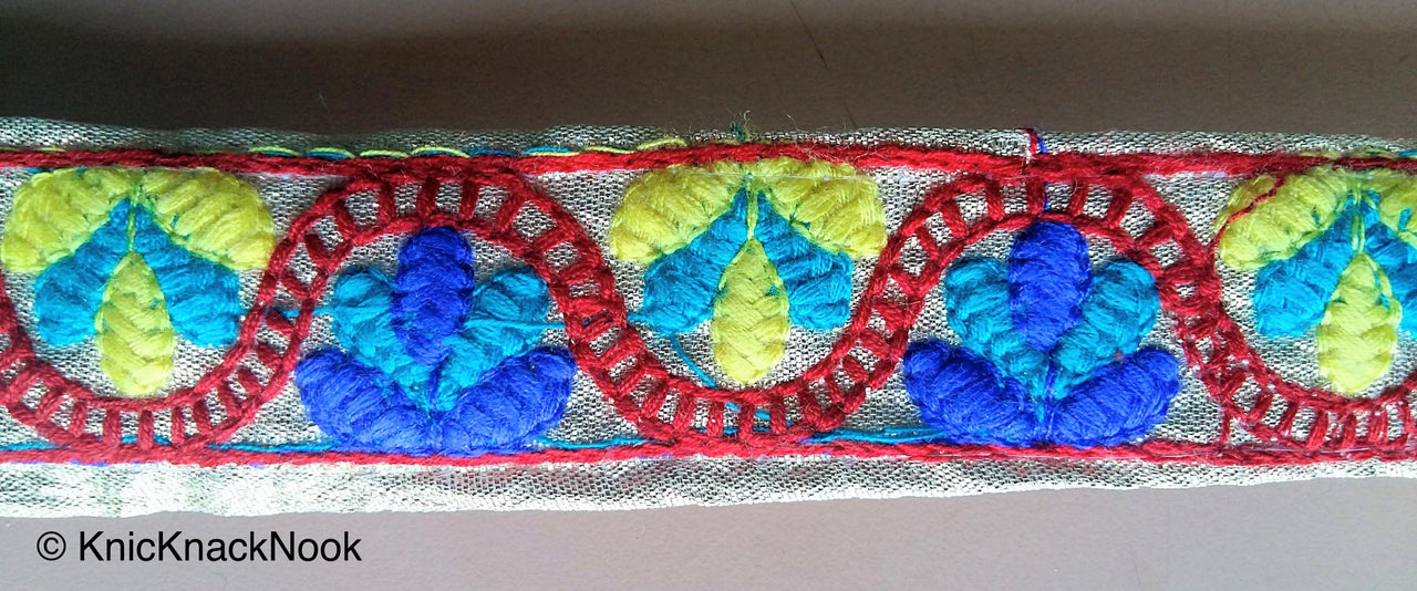 Gold Shimmer Fabric Trim With Blue, Yellow And Red Floral Embroidery, Approx. 30mm Wide - 200317L194