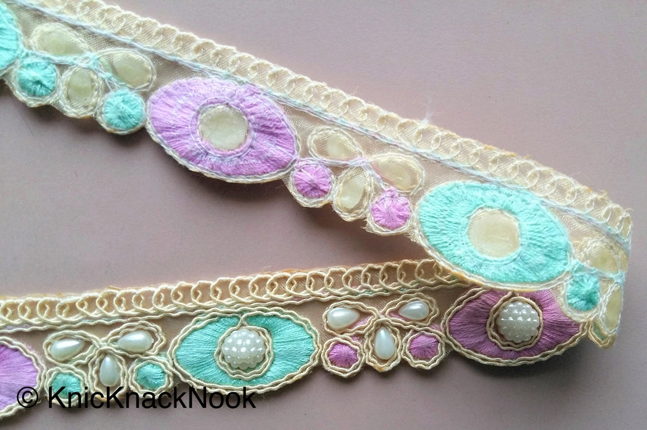 Gold Sheer Net Trim, Beige, Purple And Green / Pink Embroidery With FlatBack White Beads Embellishments, Approx. 30mm Wide - 200317L206/07Trim