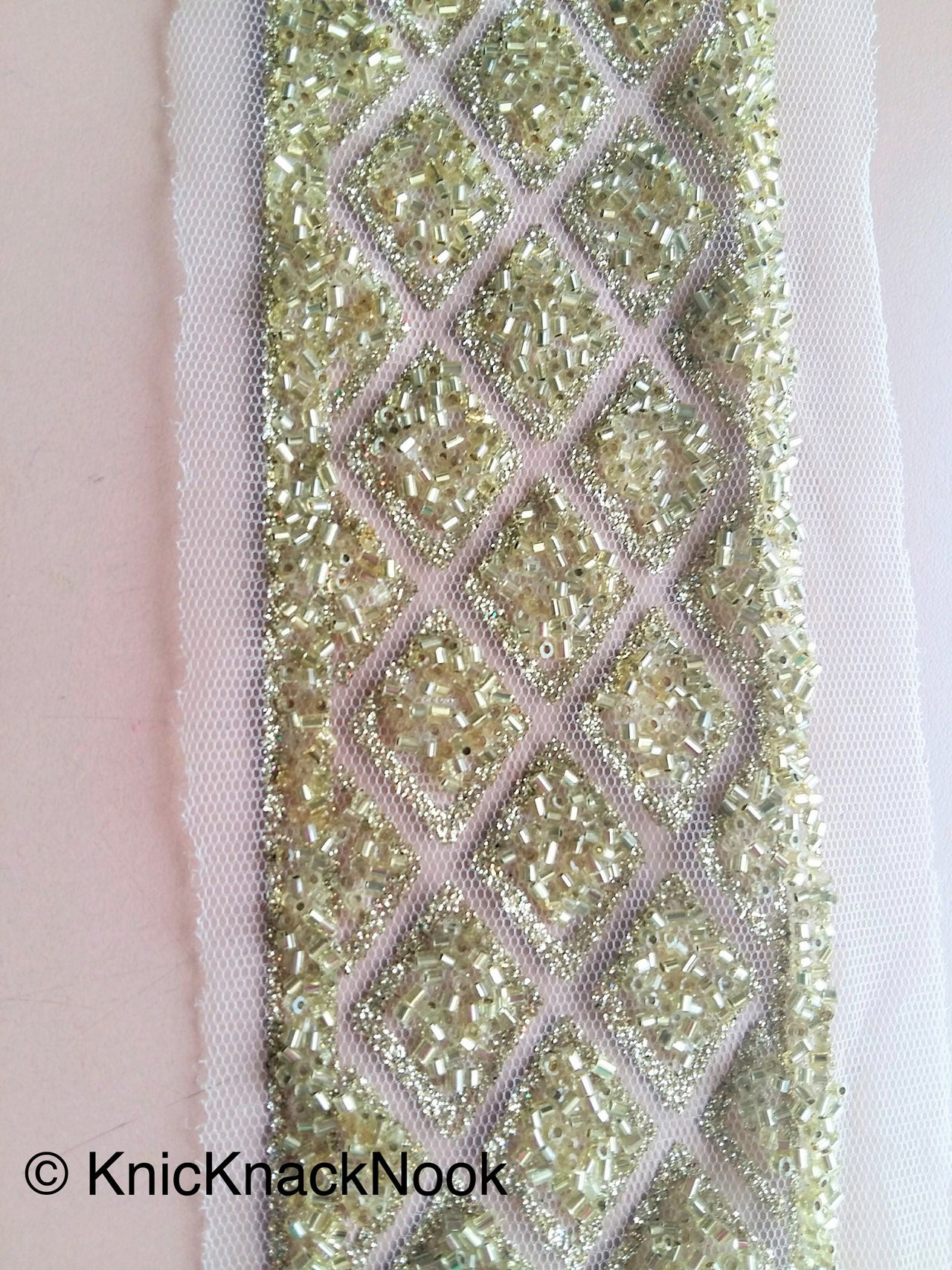 Beige Net Trim With Gold Glitter And Gold Bugle Beads, Textured Trim, Approx. 78mm Wide - 200317L193