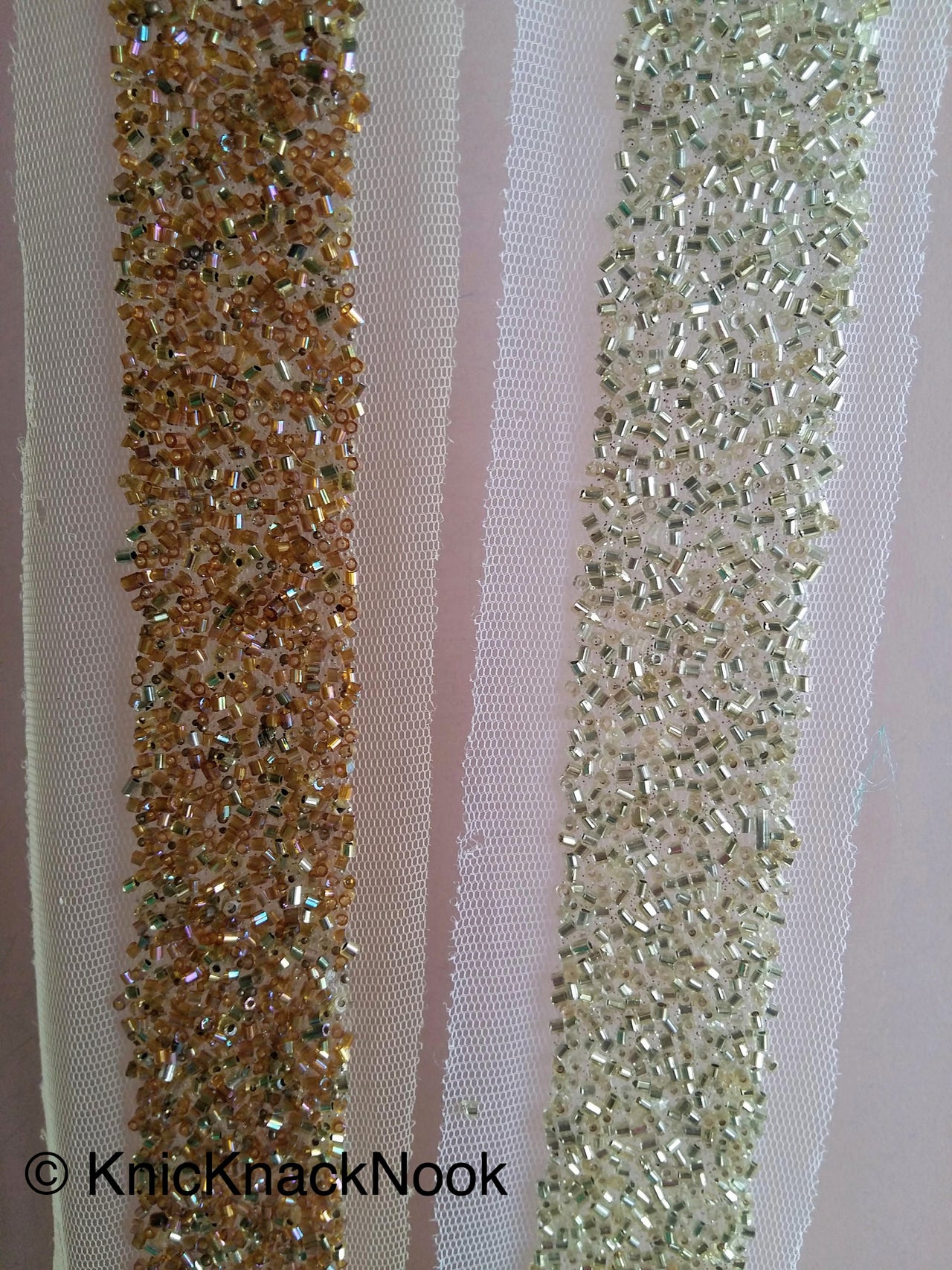 Beige Net Trim With Gold / Copper Beads Embellishments - 200317L199/ 200Trim
