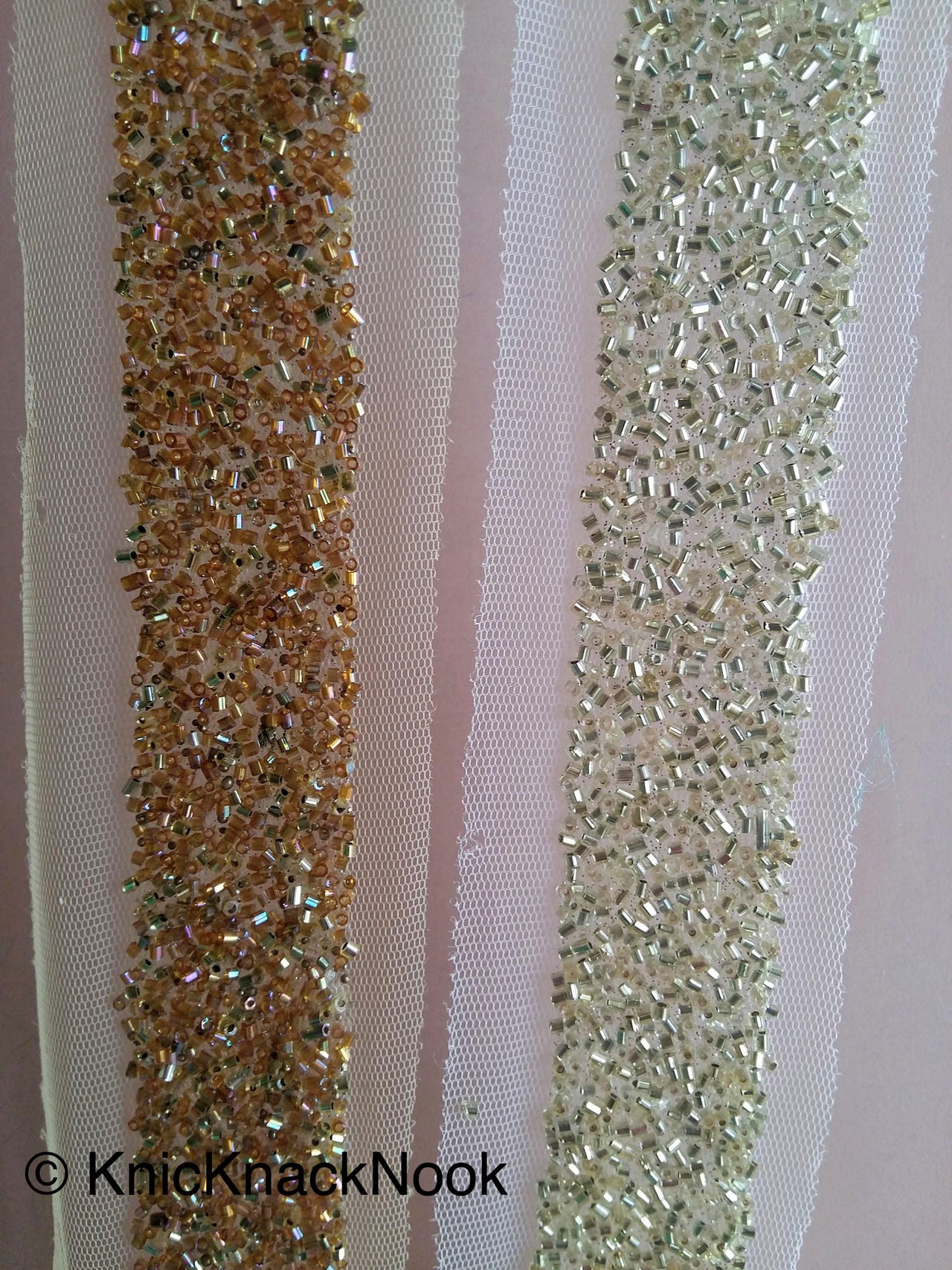 Beige Net Trim With Gold / Copper Beads Embellishments - 200317L199/ 200
