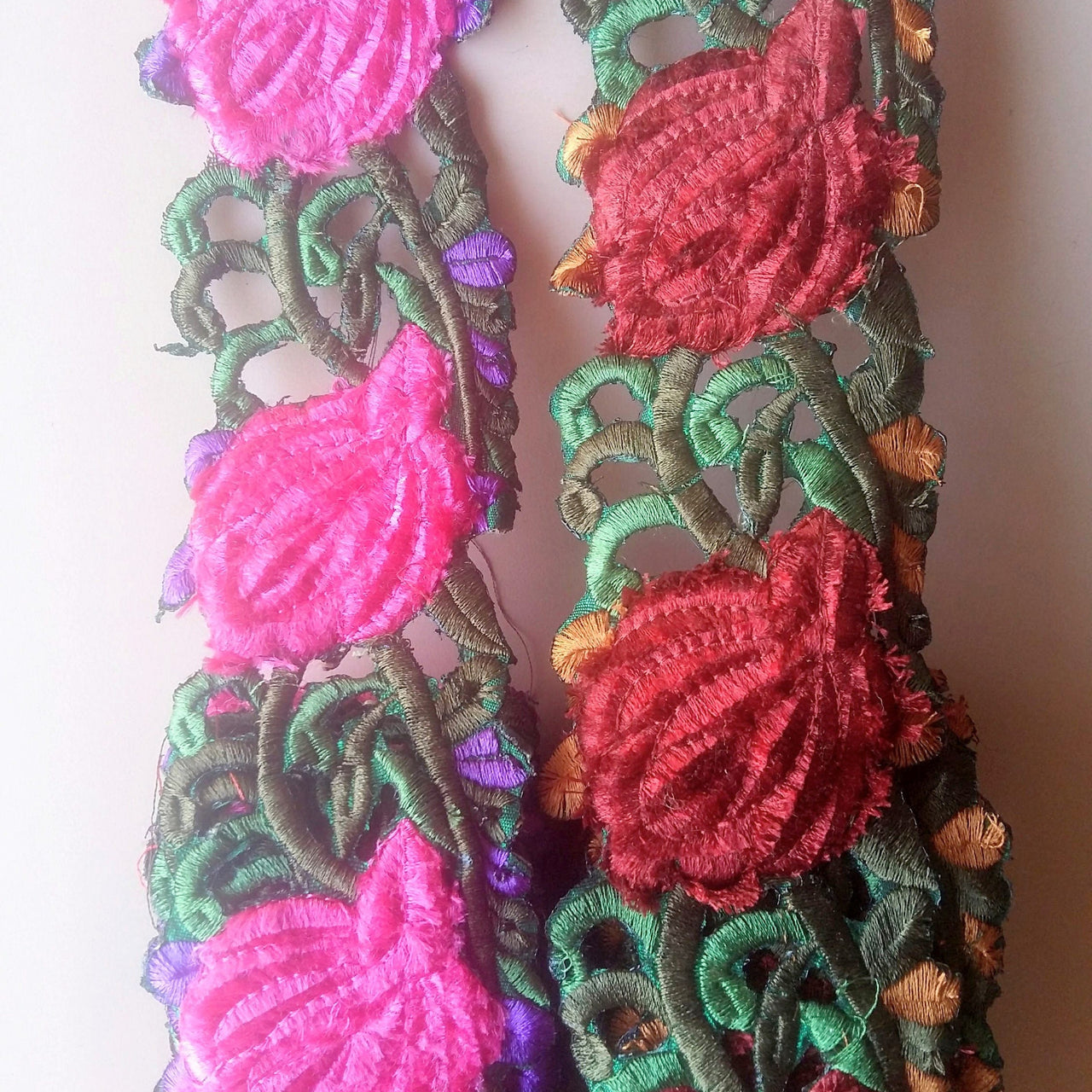 Fabric Cut Work Trim With Fuchsia Pink, Purple And Green Floral Embroidery, 72mm wide - 200317L267