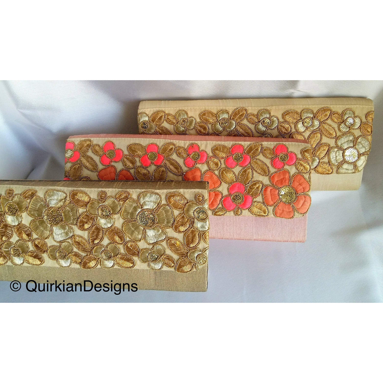 Green Fabric Clutch Purse With Copper And Gold Intricate Floral Embroidery, Wedding Clutch, Party Bag