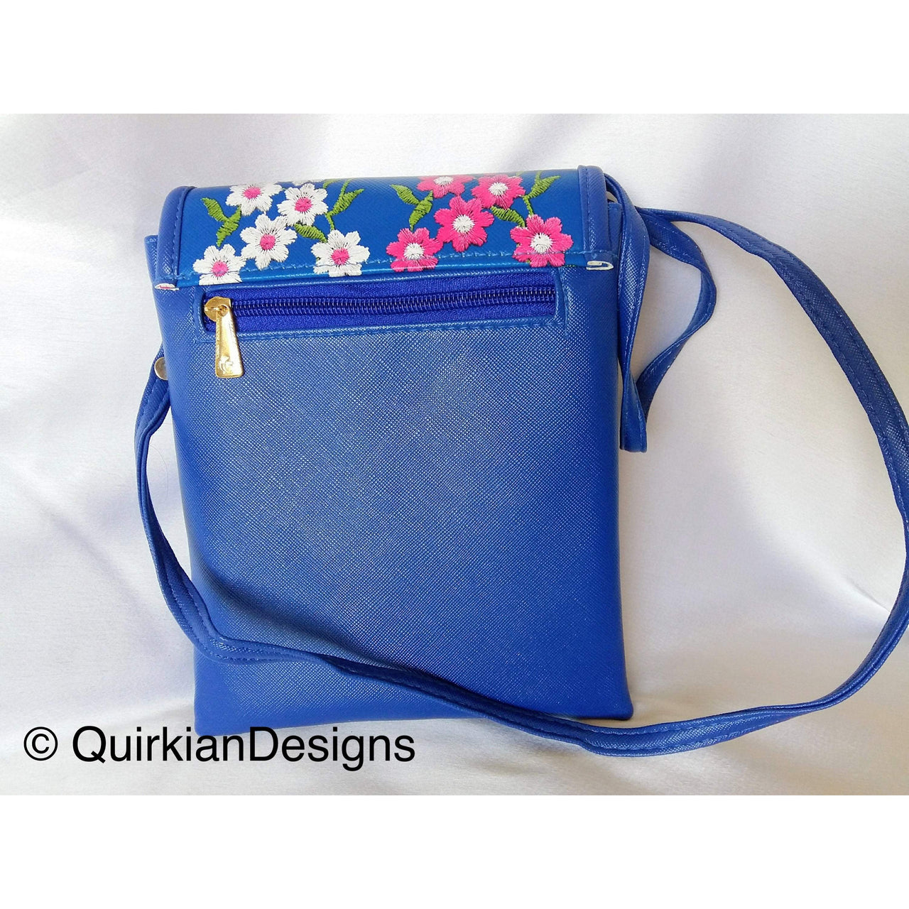 Blue Fake Leather Bag With Pink, Green And White Floral Embroidery Design, Day Clutch, Shopping Crossbody Sling Purse, Faux Leather Bag