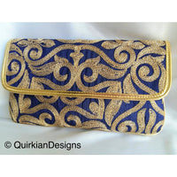 Thumbnail for Blue Fabric Clutch Purse With Gold Intricate Embroidery, Wedding Clutch, Party Bag, Blue And Gold Clutch