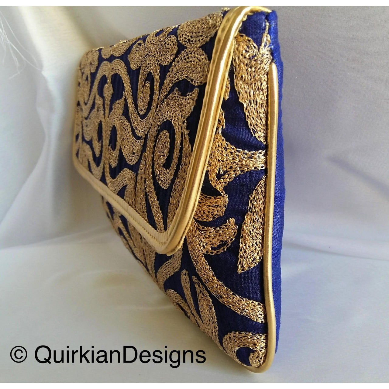 Blue Fabric Clutch Purse With Gold Intricate Embroidery, Wedding Clutch, Party Bag, Blue And Gold Clutch