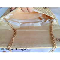 Thumbnail for Beige And Copper Fabric Clutch Purse With Gold And Diamante Beads, Wedding Clutch, Party Bag