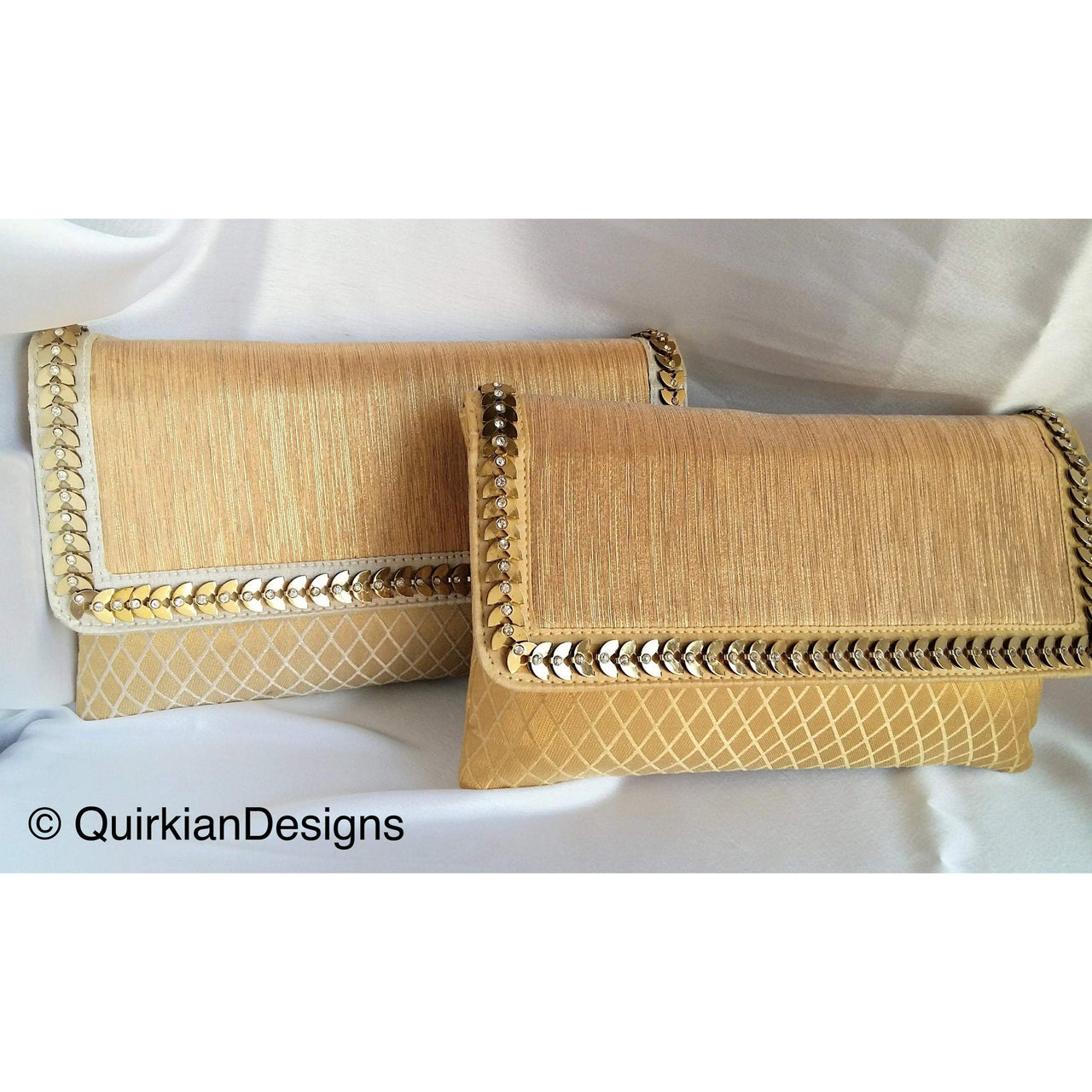 Beige And Copper Fabric Clutch Purse With Gold And Diamante Beads, Wedding Clutch, Party Bag