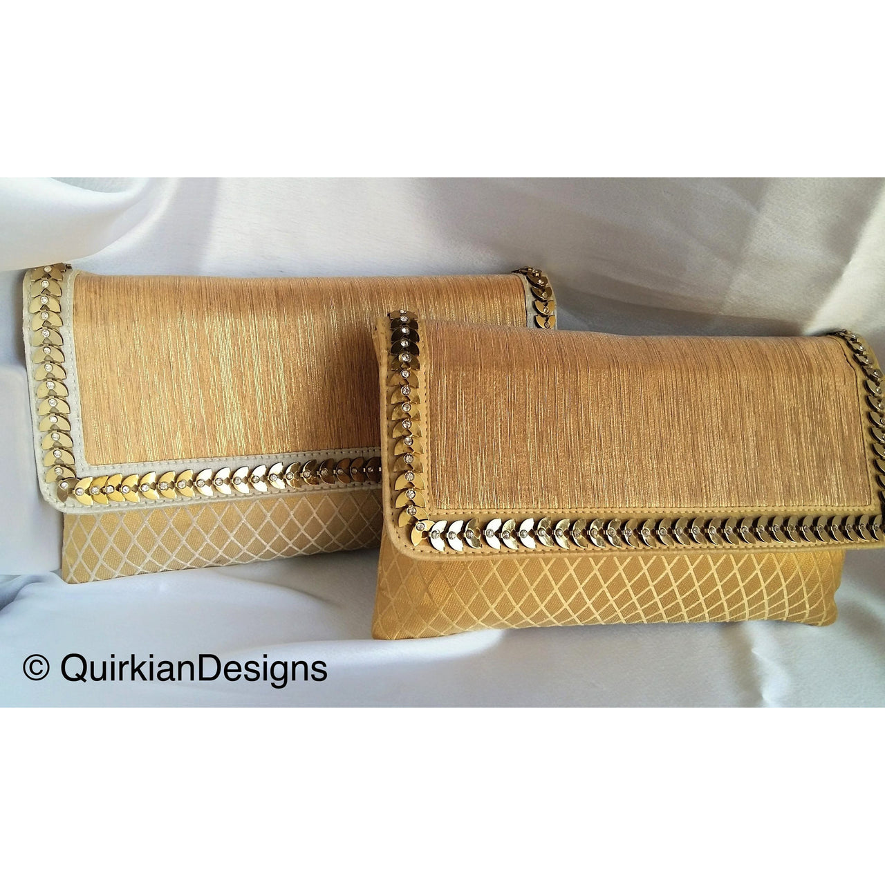 Beige, White And Copper Fabric Clutch Purse With Gold And Diamante Beads, Wedding Clutch, Party Bag