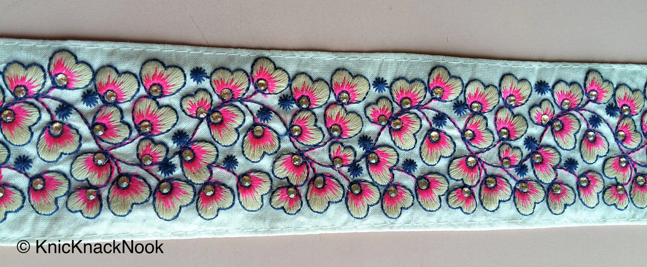 Beige Fabric Trim With Green / Orange / Fuchsia Pink Floral Embroidery, 58mm wide - 200317L454 / 55 / 56Trim