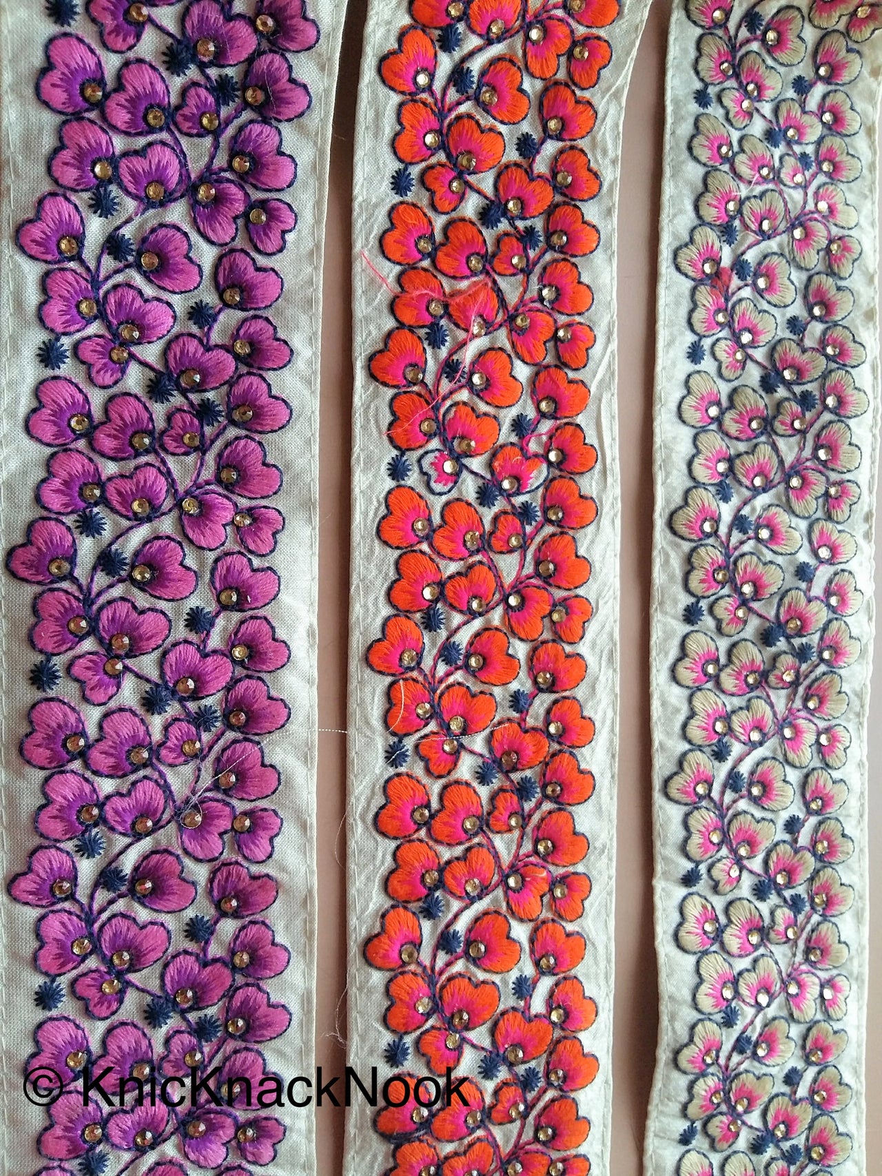 Beige Fabric Trim With Green / Orange / Fuchsia Pink Floral Embroidery, 58mm wide - 200317L454 / 55 / 56Trim