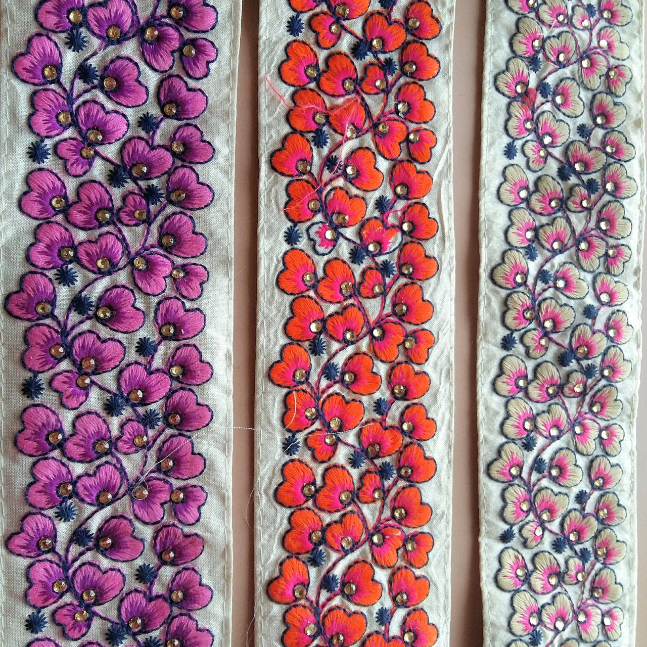 Beige Fabric Trim With Green / Orange / Fuchsia Pink Floral Embroidery, 58mm wide - 200317L454 / 55 / 56