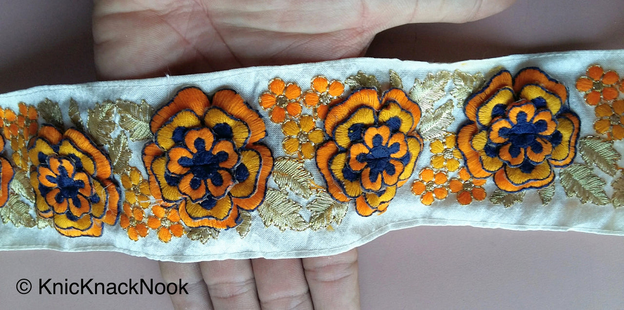 Beige Fabric Trim With Yellow, Orange, Gold And Blue Floral Embroidery