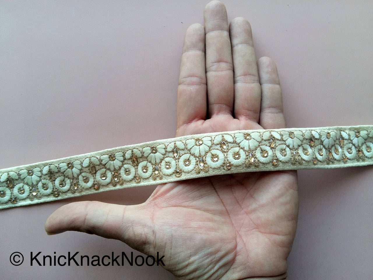Beige Fabric Trim With Beige / Brown Floral Embroidery With Beads - 200317L457 / 458Trim