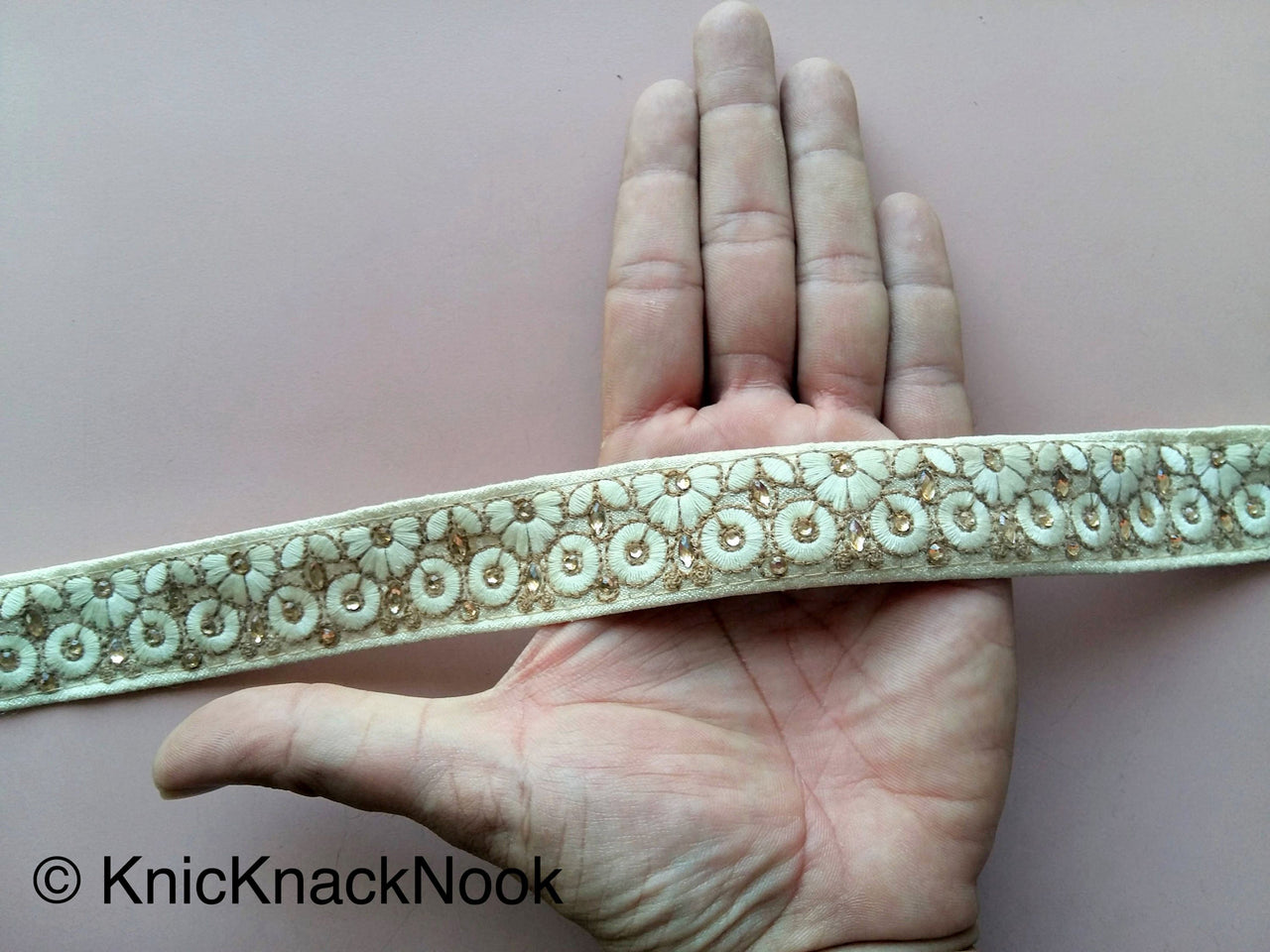 Beige Fabric Trim With Beige / Brown Floral Embroidery With Beads - 200317L457 / 458