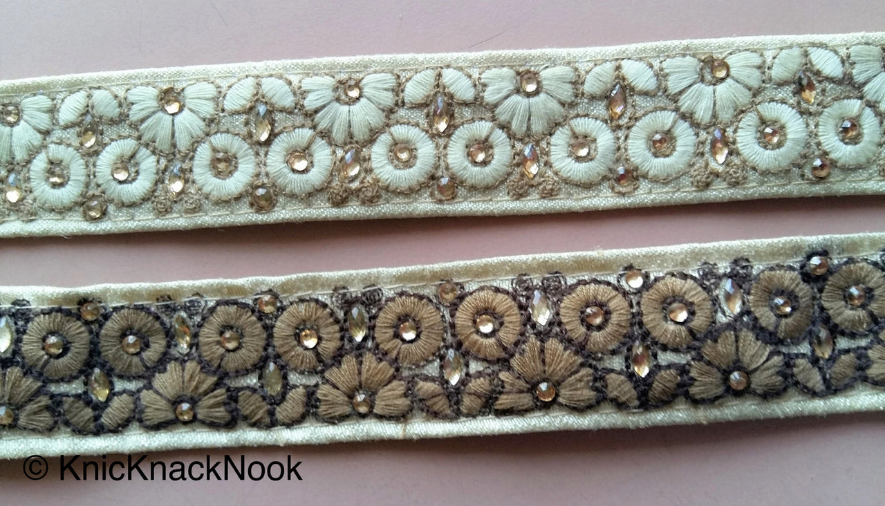Beige Fabric Trim With Beige / Brown Floral Embroidery With Beads - 200317L457 / 458Trim