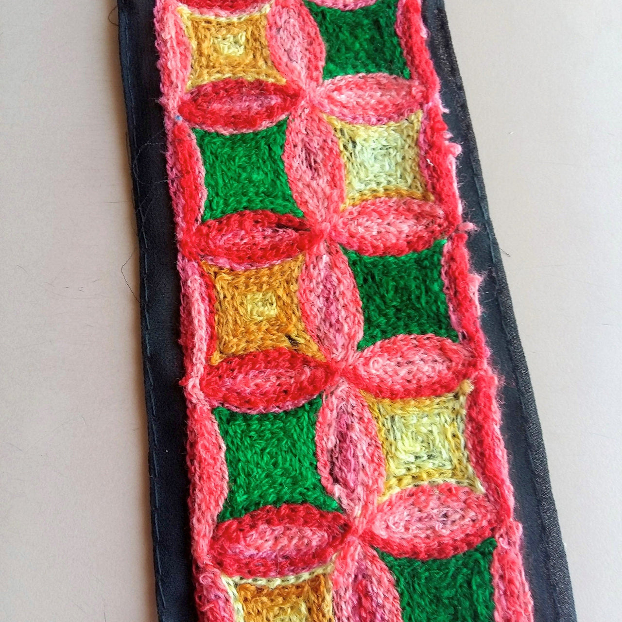 Black Fabric Trim With Green, Pink, Red And Yellow Square And Circle Pattern Thread Embroidery Trim