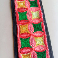 Thumbnail for Black Fabric Trim With Green, Pink, Red And Yellow Square And Circle Pattern Thread Embroidery Trim