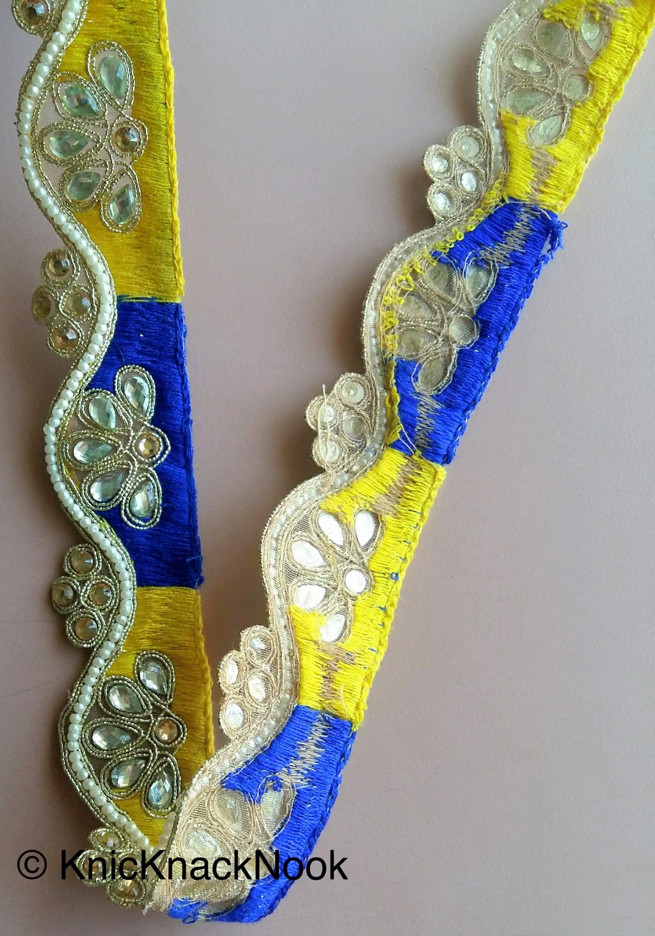 Gold Sheer Fabric Trim In Blue And Yellow Embroidered Beaded Trim, Kundan Work And Pearl, Costume Trim Decorative Craft Ribbon Trim By Yard