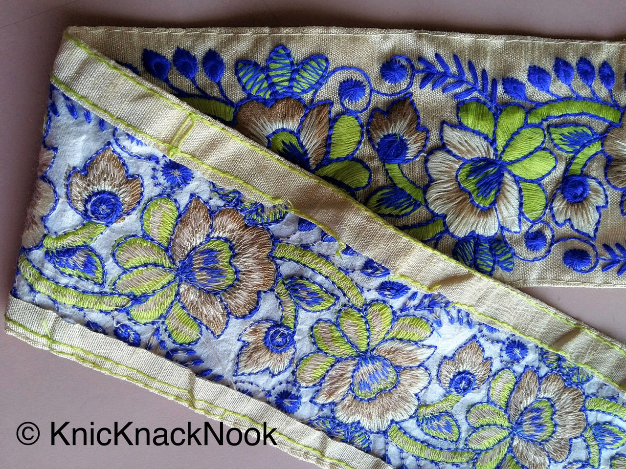 Beige Fabric Trim With Floral Embroidery, Green, Blue And Beige Embroidered Trim