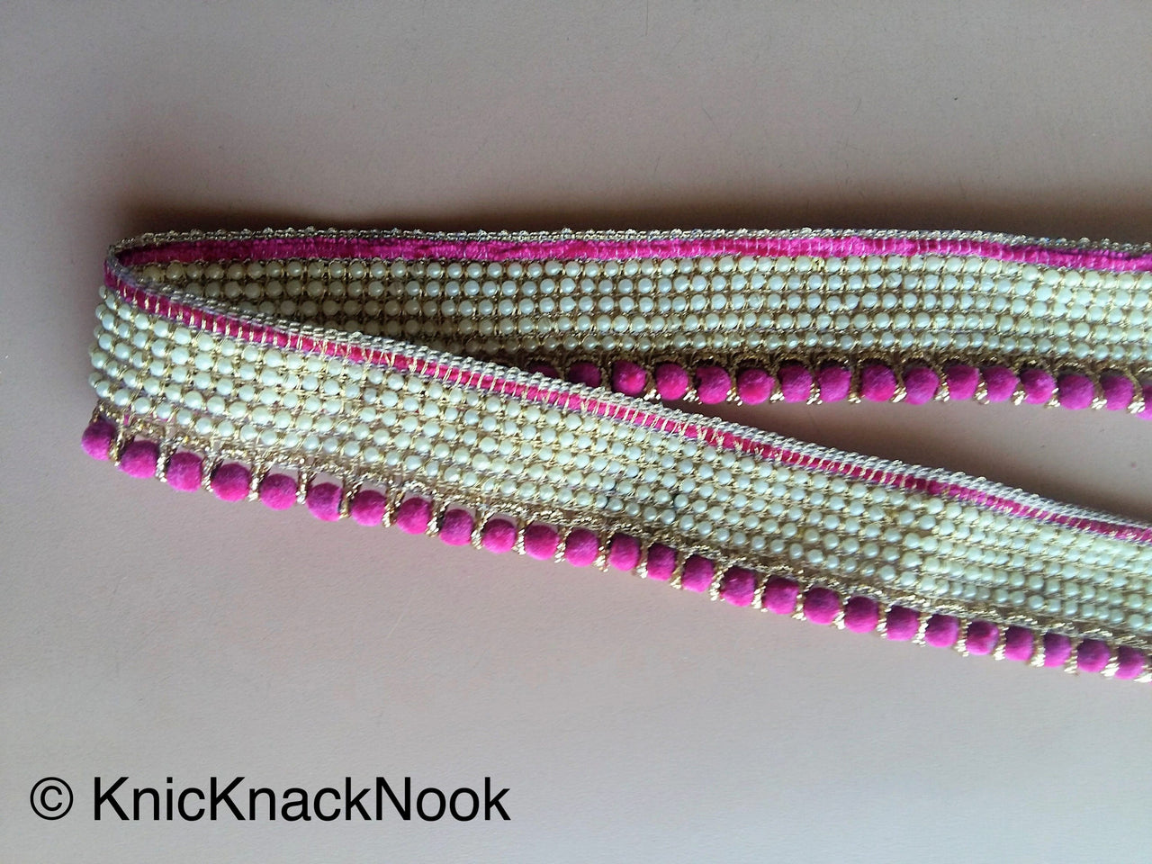 Green / Fuchsia Pink / Beige Velvet Trim With Off White Seed Pearls And Gold Threadwork, Approx. 30mm Wide - 200317L478 / 79 / 80
