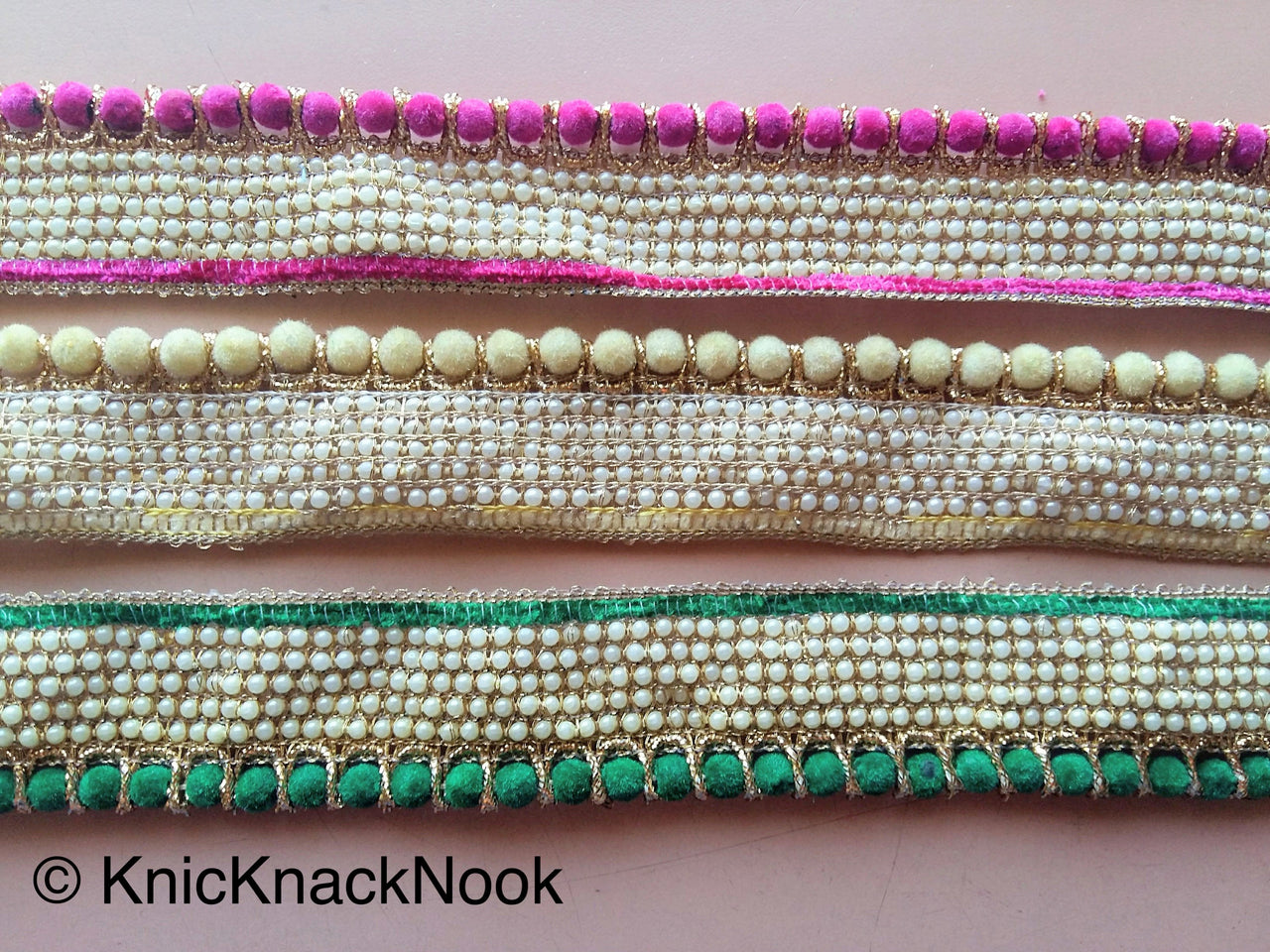 Green / Fuchsia Pink / Beige Velvet Trim With Off White Seed Pearls And Gold Threadwork, Approx. 30mm Wide - 200317L478 / 79 / 80Trim