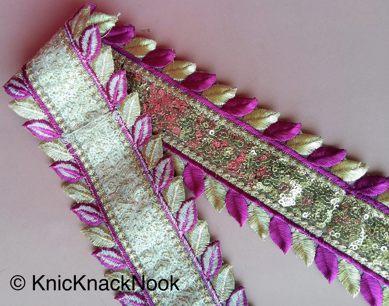 Purple And Gold Silk Thread Embroidery With Gold Sequins, One Yard Lace Silk Trim, Approx. 64mm Wide