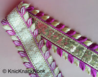 Thumbnail for Purple And Gold Silk Thread Embroidery With Gold Sequins, One Yard Lace Silk Trim, Approx. 64mm Wide
