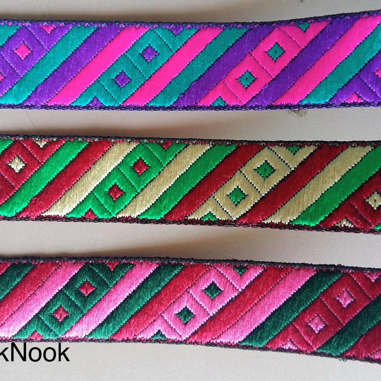 Fuchsia Pink, Purple And Teal Green Stripes and Square Geometric Pattern Embroidered Trim, Approx. 20mm Wide - 200317L394