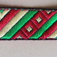 Thumbnail for Maroon Red, Green And Beige Stripes and Square Geometric Pattern Embroidered Trim, Approx. 20mm Wide - 200317L395