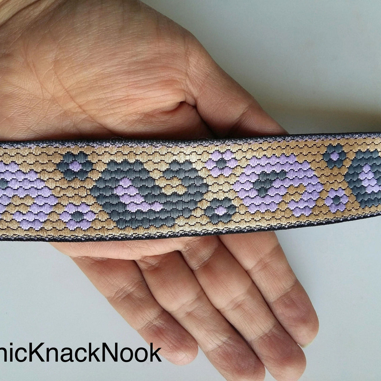 Grey, Blue And Purple Trim With Floral And Paisley Embroidery, Approx. 32mm Wide - 200317L372