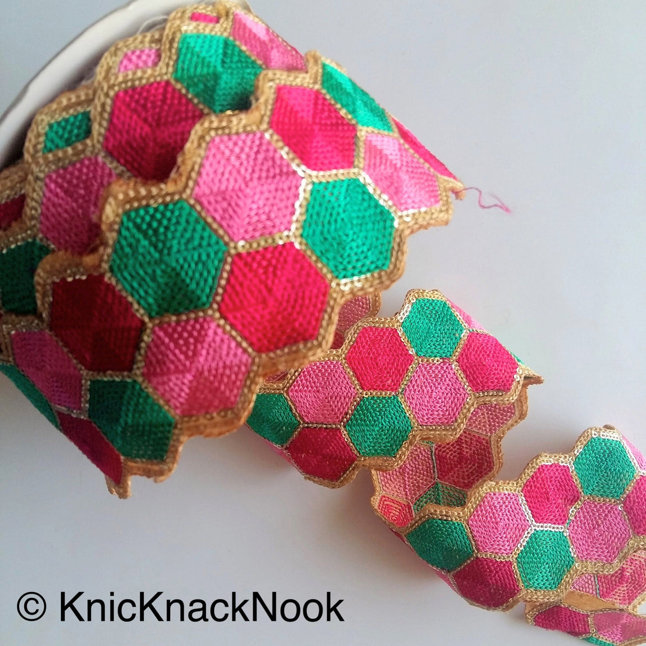 Fuchsia, Pink, Green And Gold Embroidered Trim