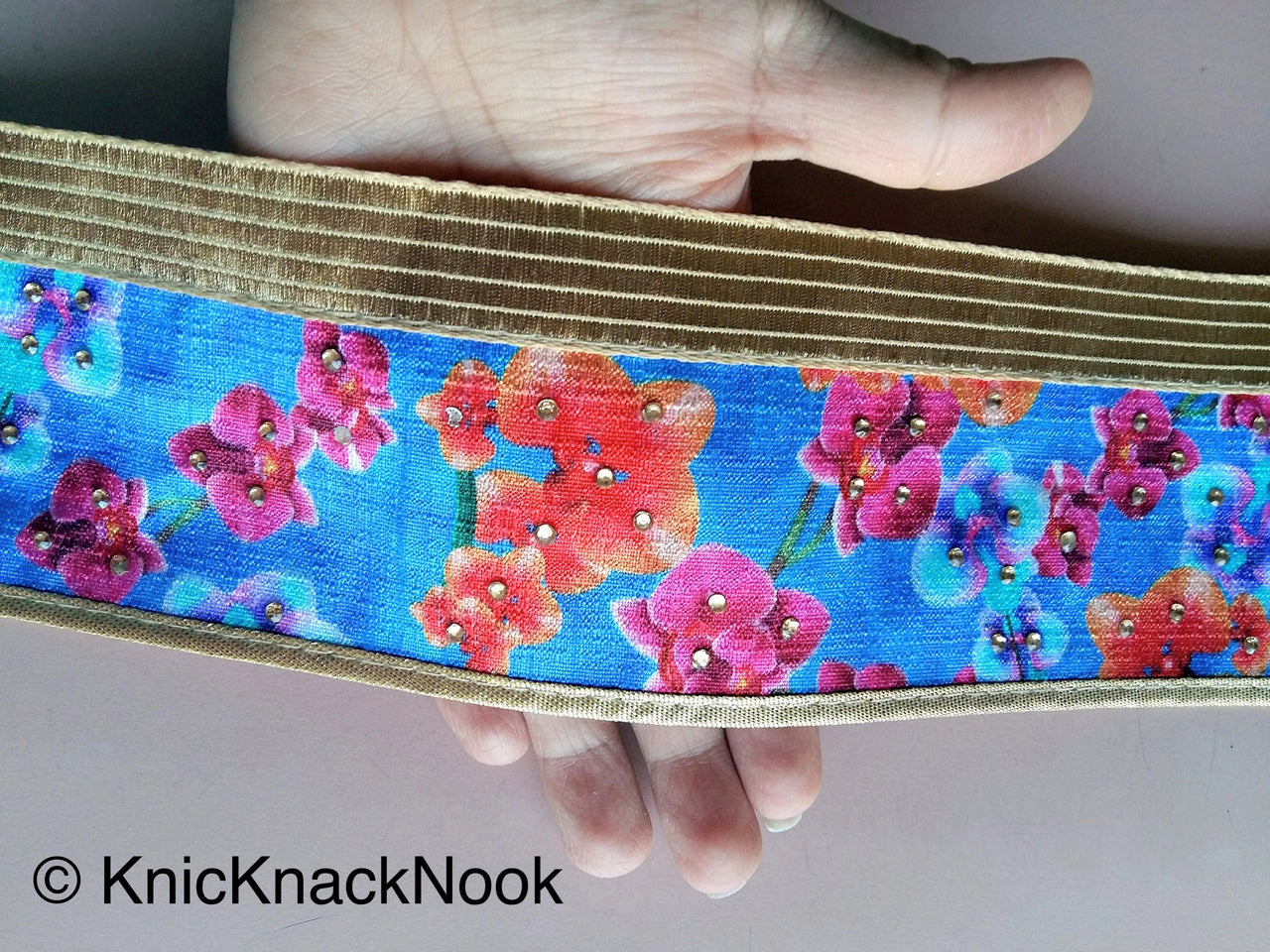 Blue And Gold Fabric Trim With Pink, Orange And Blue Floral Design Embellished With Diamantes, Digital Print Trim Border - 200317L403
