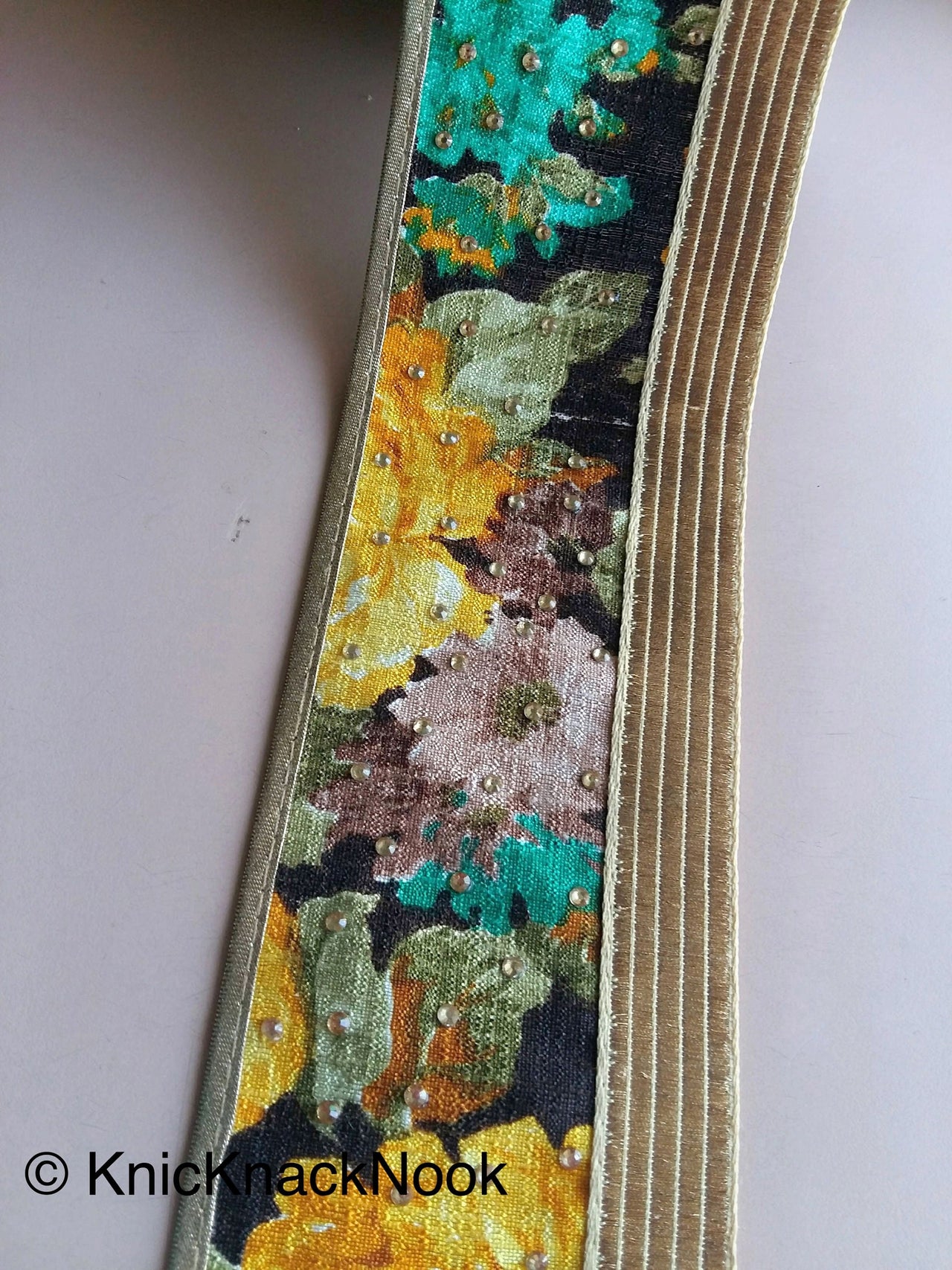 Brown And Gold Fabric Trim With Yellow, Green And Brown Floral Design Embellished With Diamantes, Digital Print Trim Border - 200317L404