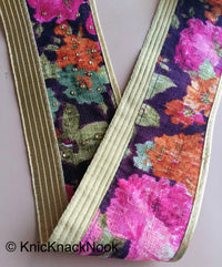 Thumbnail for Purple And Gold Fabric Trim With Fuchsia, Green And Orange Floral Design Embellished With Diamantes, Digital Print Trim Border - 200317L405