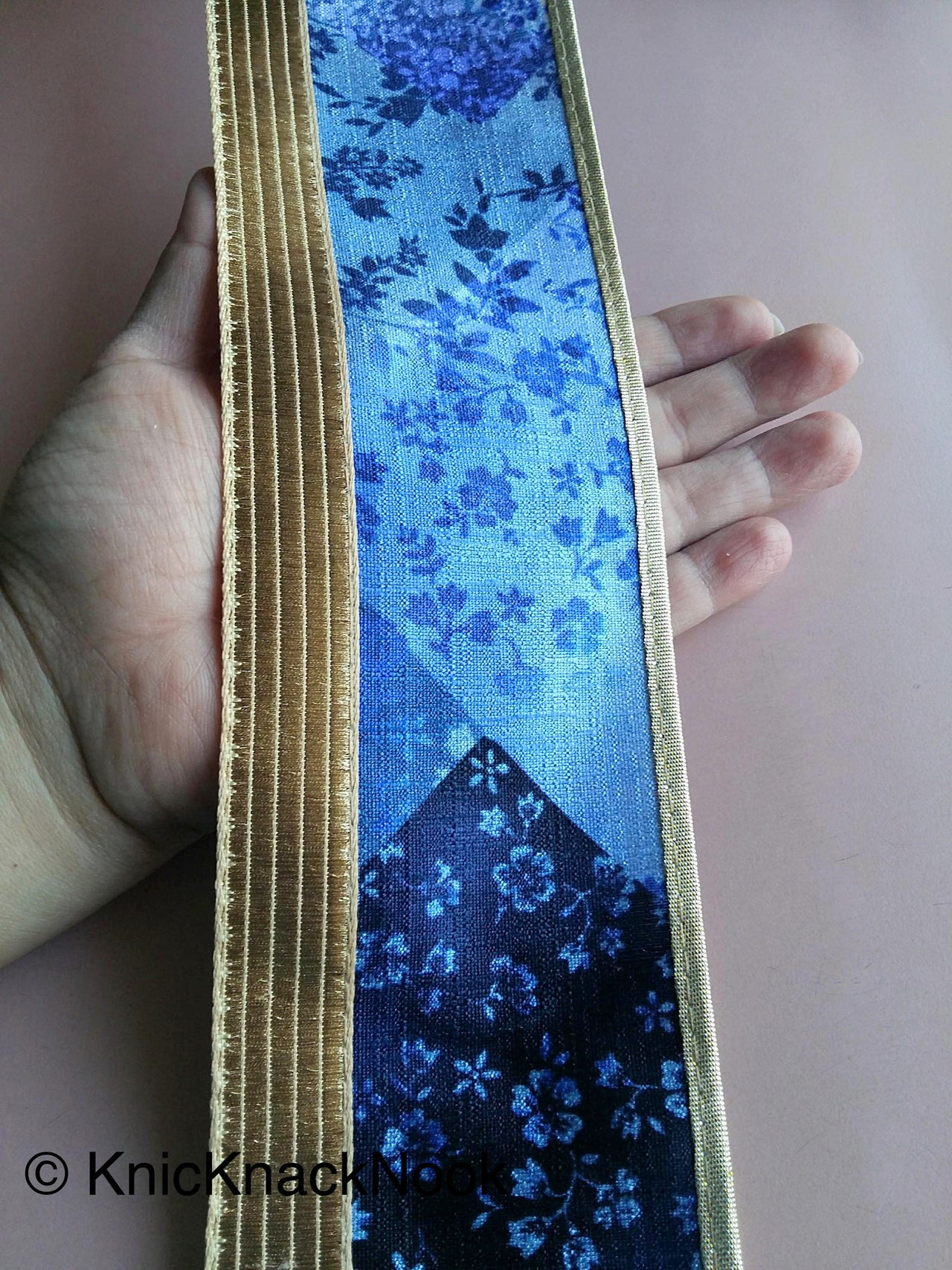 Blue And Gold Fabric Trim With Floral Design, Digital Print Trim Border - 200317L407