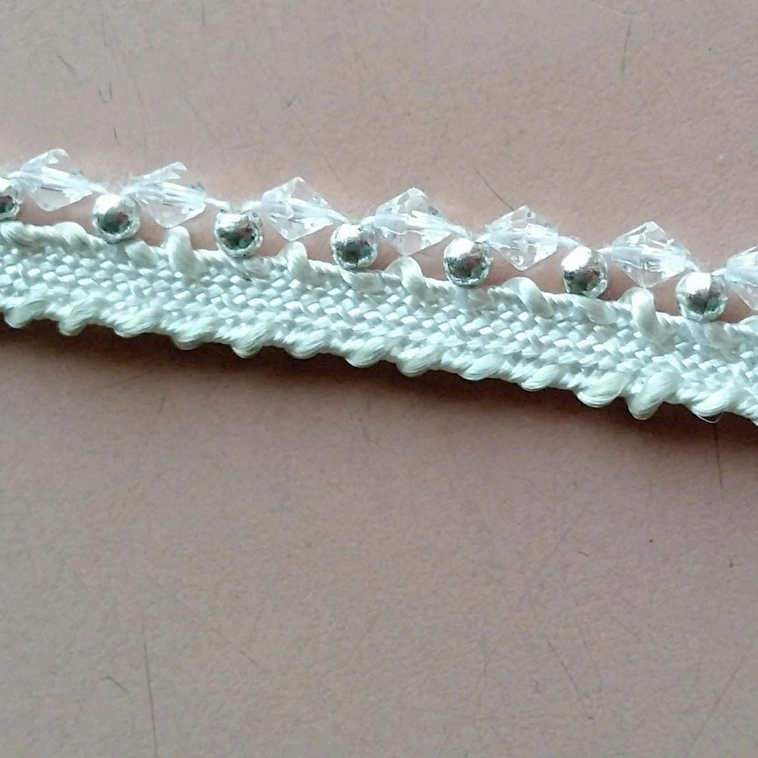 White Thread Trim Embellished With Clear And Silver Beads, Beaded Trim, Approx. 12 mm wide - 200317L408