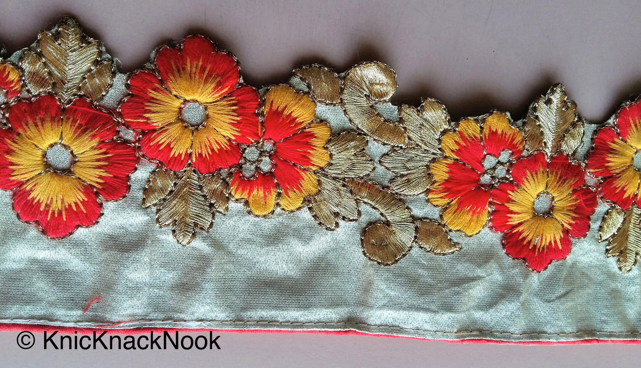 Gold, Yellow And Red Indian Embroidery One Yard Flower Silk Trim