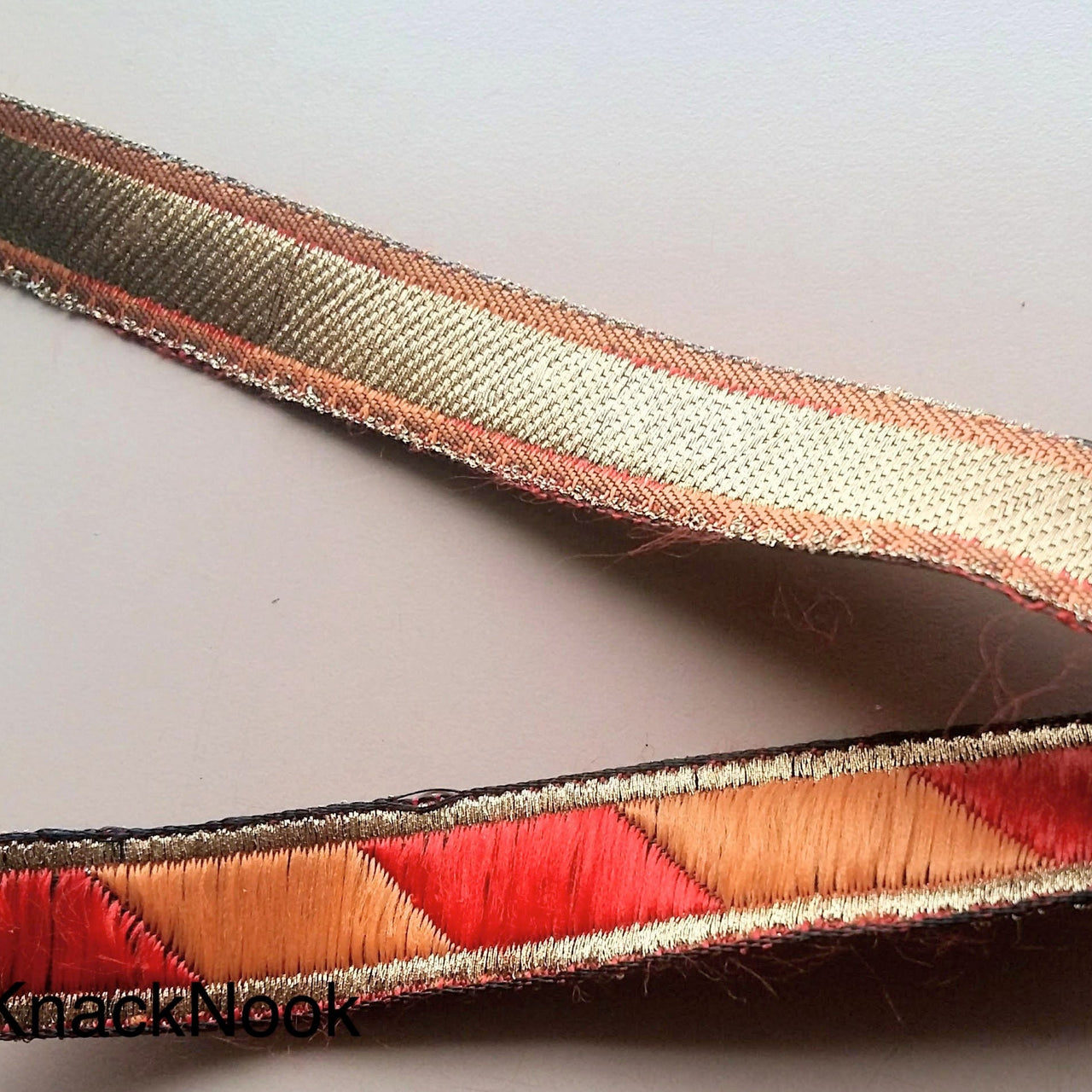 Jacquard Red, Brown And Bronze Thread Woven Lace Trim, 20mm wide