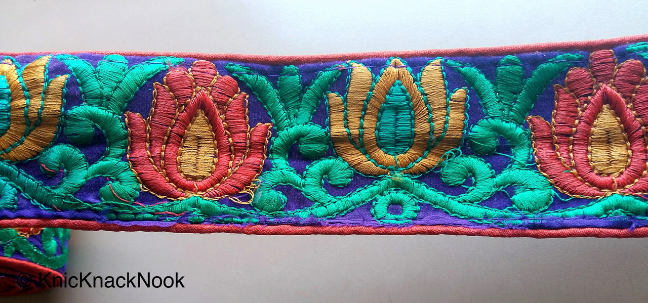 Red Fabric With Purple Velvet Trim With Green, Red And Orange Thread Embroidery, Approx. 65mm Wide - 200317L187